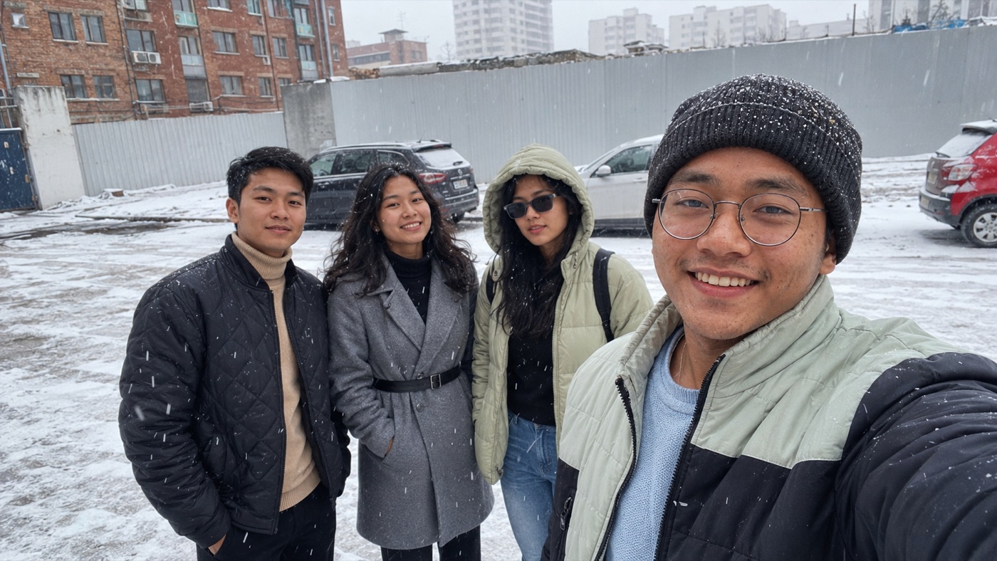 Students in the snow outside their university town.